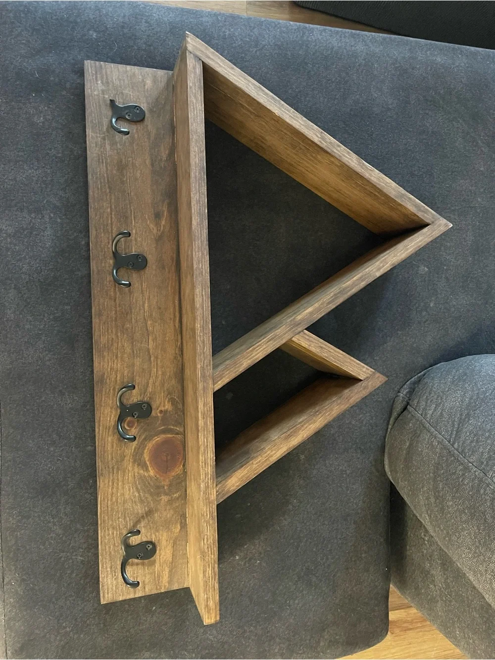 Rustic Wooden Wall Shelf with 4 Black Hooks - Brown